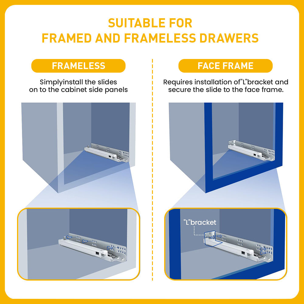 Undermount Soft Close Silver Drawer Slides with Rear mounting Bracket and Locking Devices