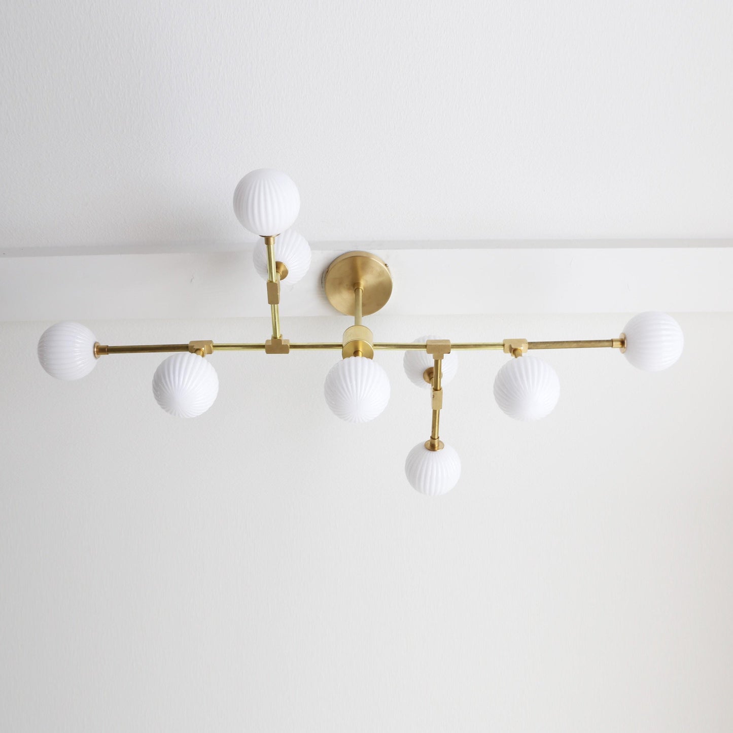 Nine-Light Brass Branch Chandelier with Ribbed Opal Globes
