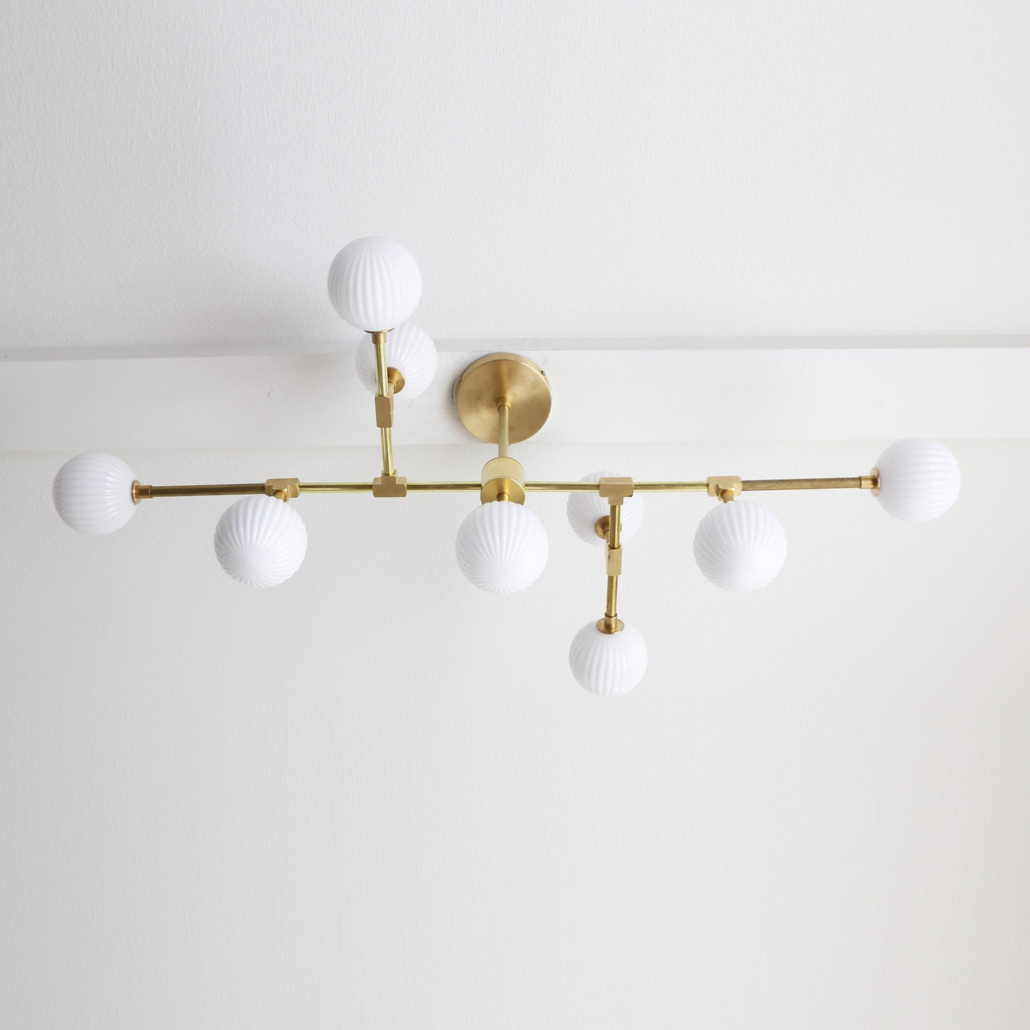 Nine-Light Brass Branch Chandelier with Ribbed Opal Globes