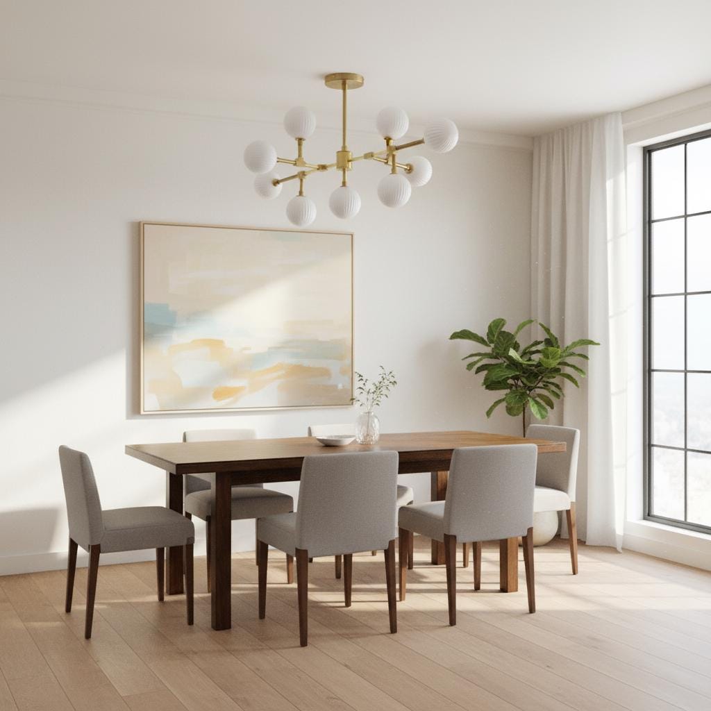 Nine-Light Brass Branch Chandelier with Ribbed Opal Globes