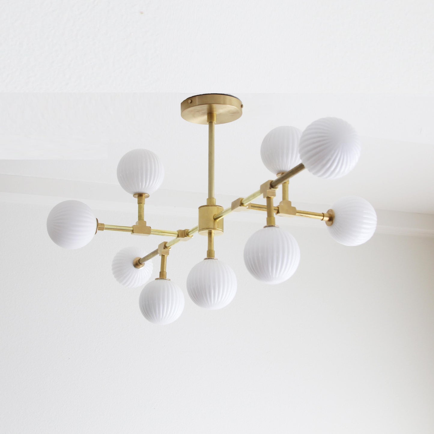 Nine-Light Brass Branch Chandelier with Ribbed Opal Globes