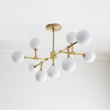 Nine-Light Brass Branch Chandelier with Ribbed Opal Globes