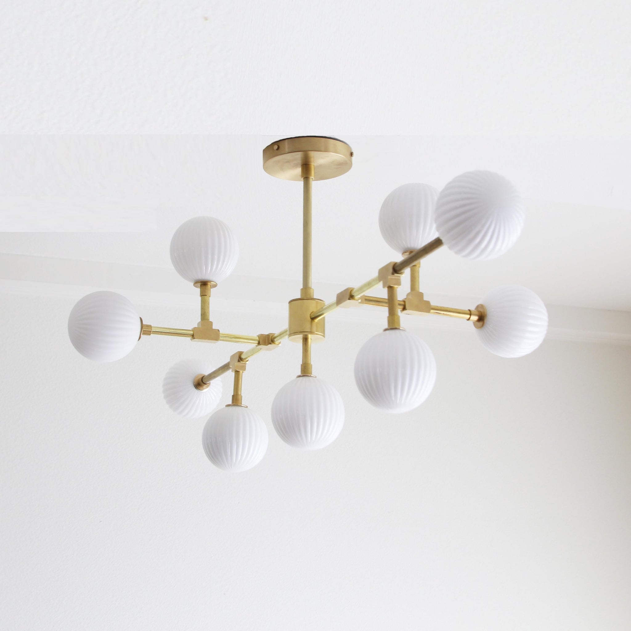 Nine-Light Brass Branch Chandelier with Ribbed Opal Globes