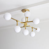 Nine-Light Brass Branch Chandelier with Ribbed Opal Globes