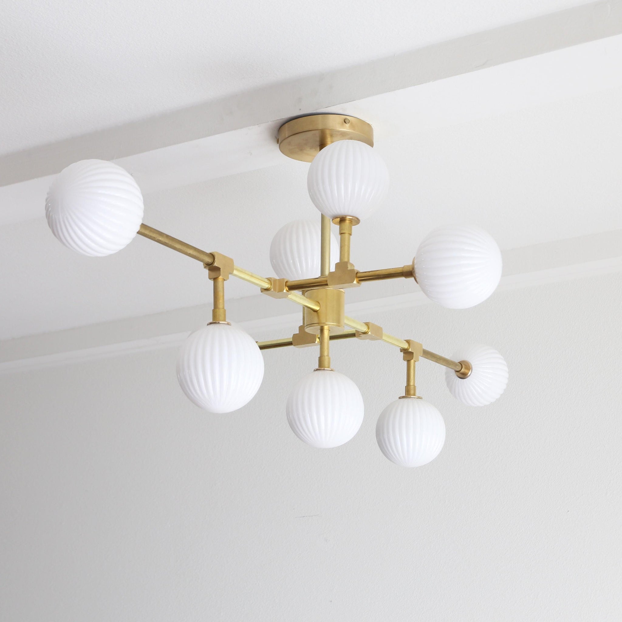 Nine-Light Brass Branch Chandelier with Ribbed Opal Globes