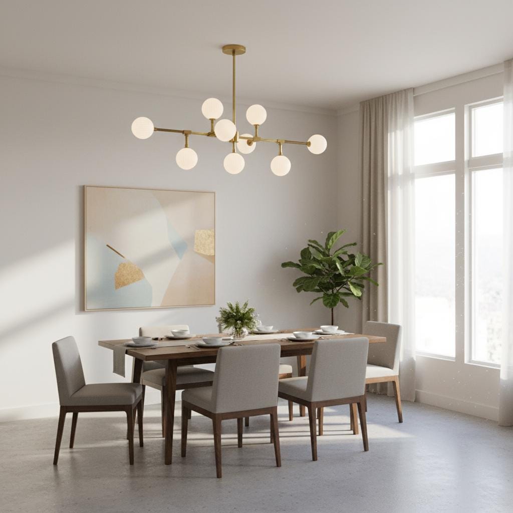 Nine-Light Brass Branch Chandelier with Ribbed Opal Globes