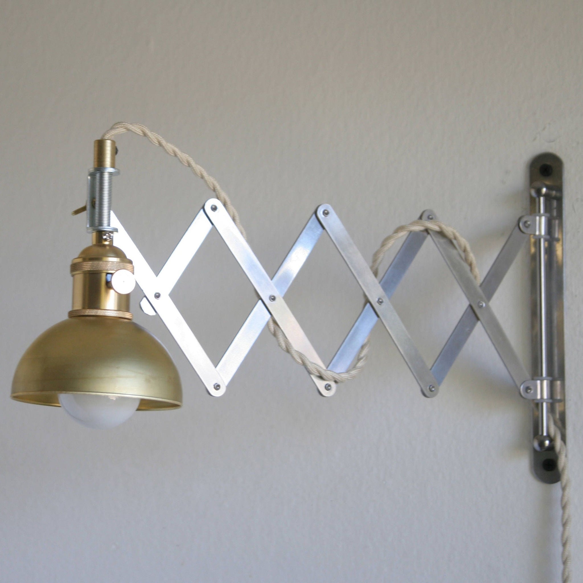 One-Light Accordion Scissor Wall Lamp with Brass Dome Shade