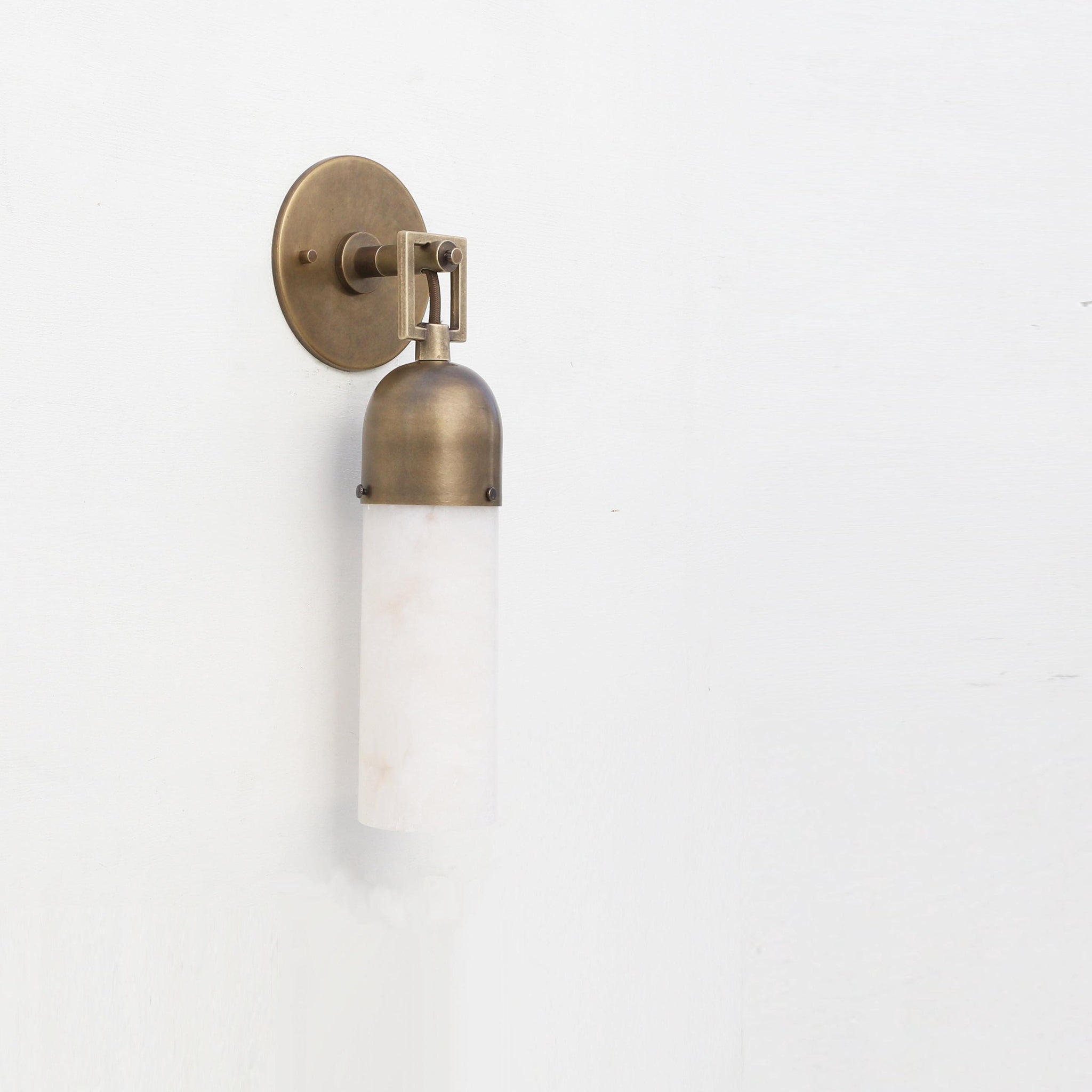 One-Light Brass and Alabaster Cylinder Vanity Sconce