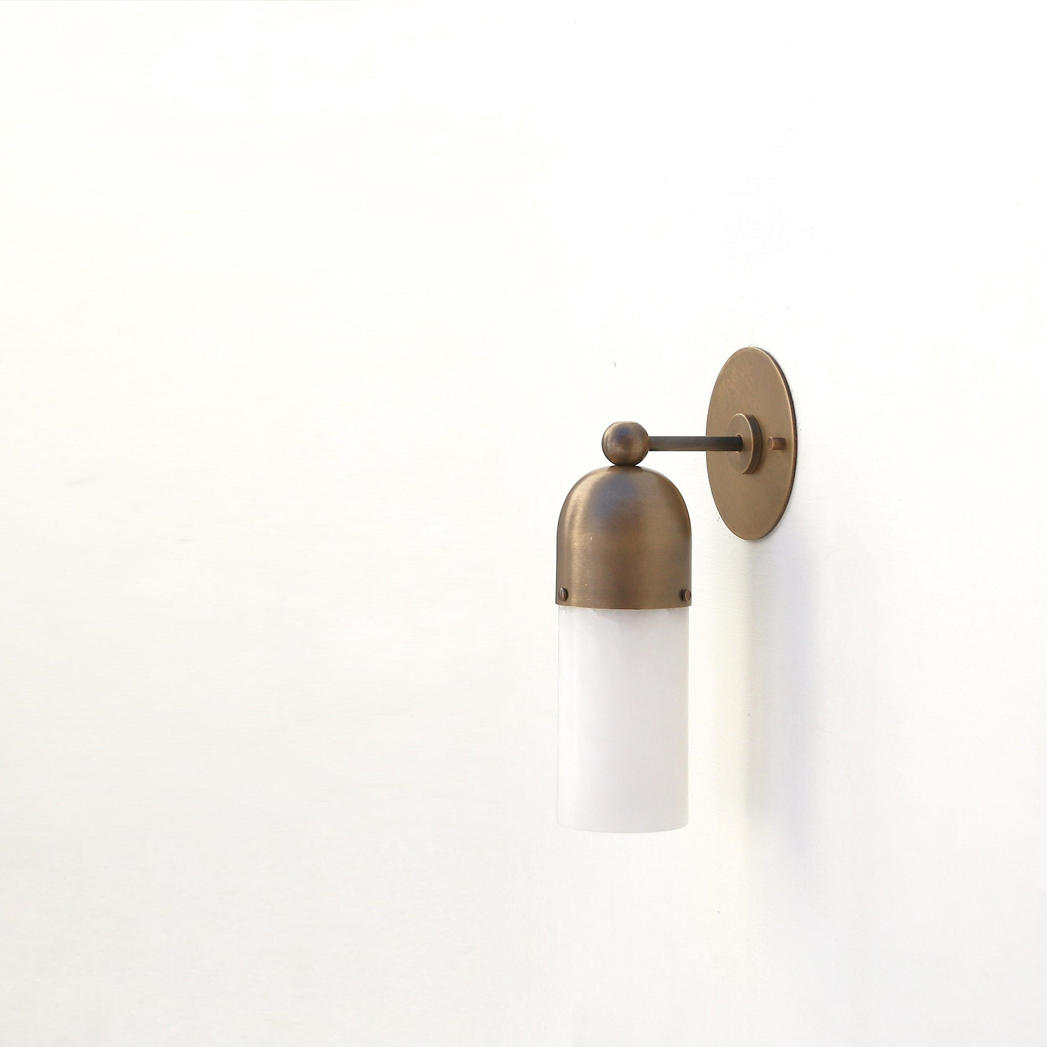 One-Light Brass Cap Wall Sconce with Frosted Glass Tube