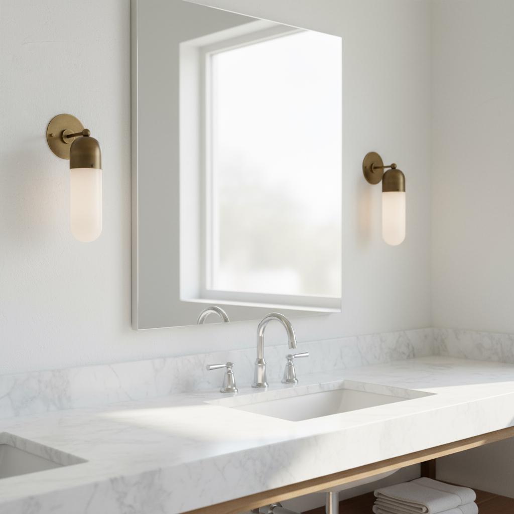 One-Light Brass Cap Wall Sconce with Long Opal Glass Tube
