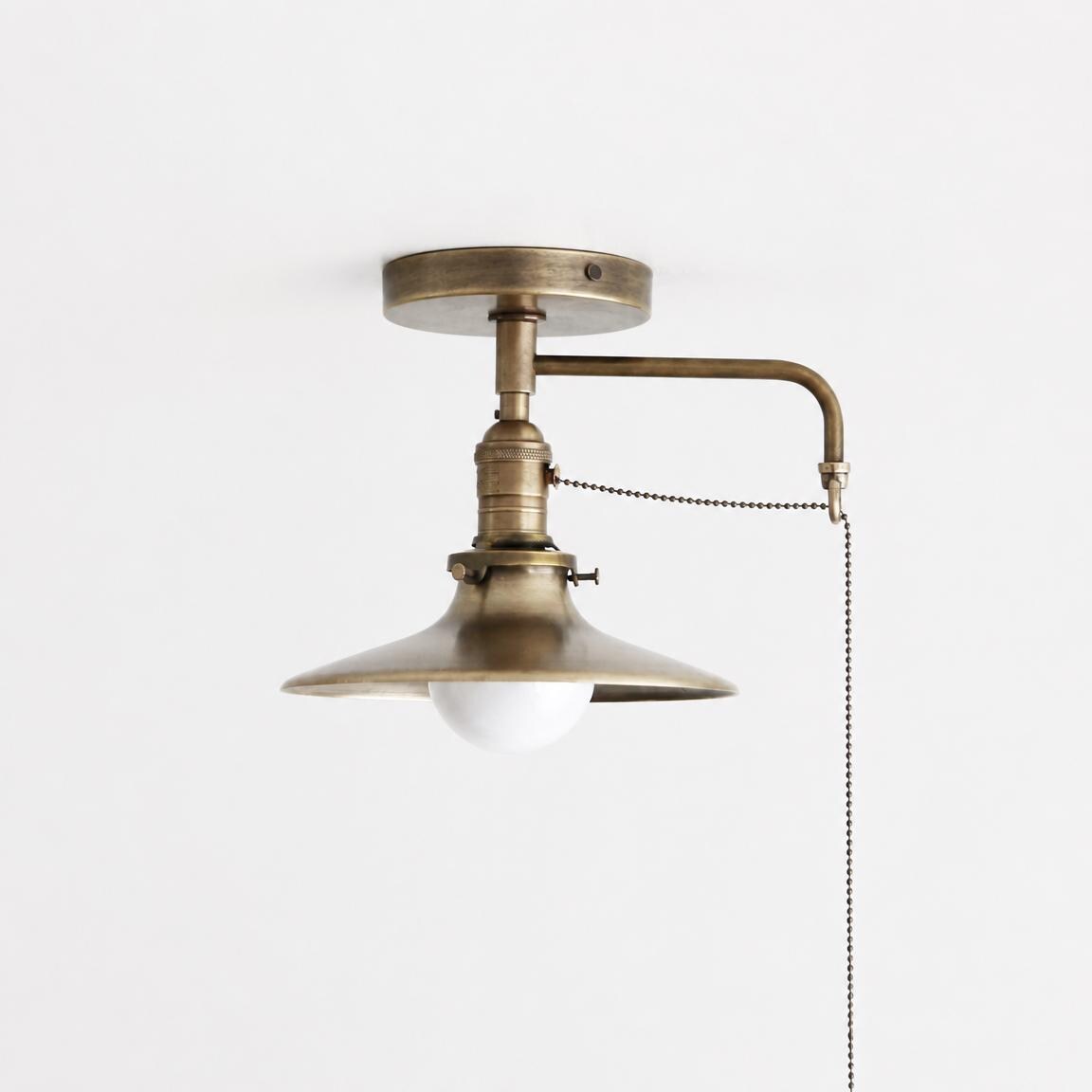 One-Light Brass Cone Shade Flush Mount Ceiling Light with Pull Chain
