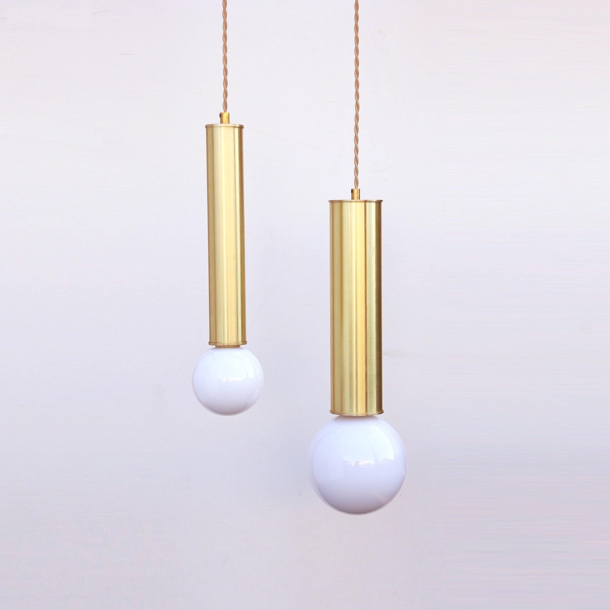 One-Light Brass Cylinder Pendant with Opal Globe