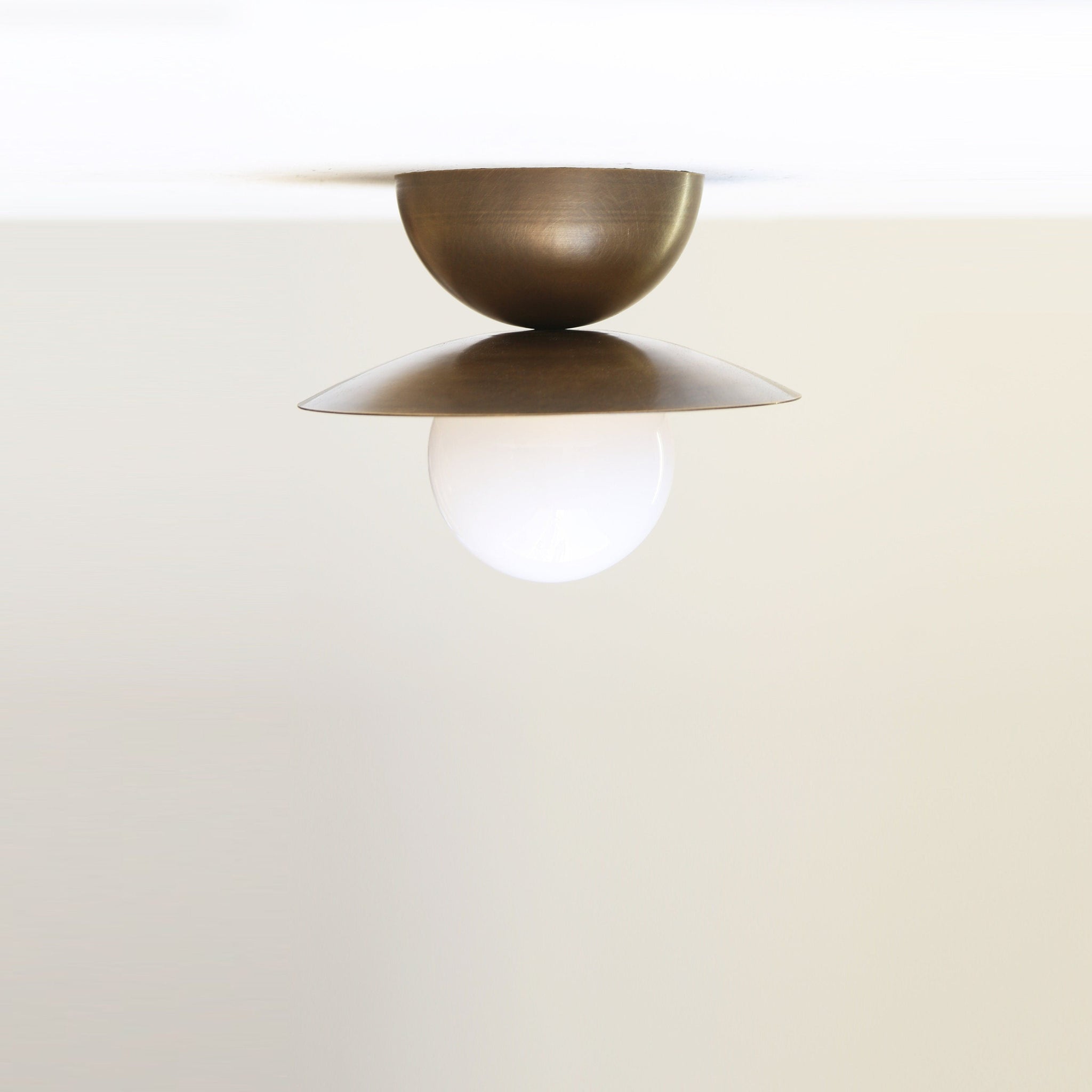 One-Light Brass Disc Flush Mount Ceiling Light with Opal Globe