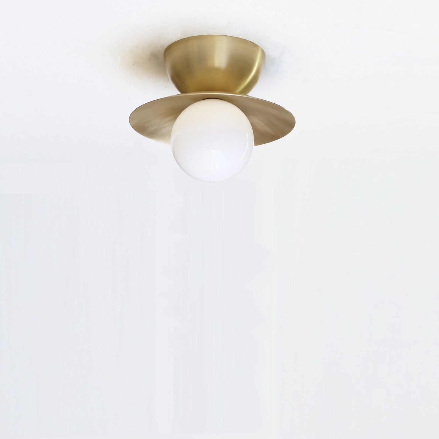 One-Light Brass Disc Flush Mount Ceiling Light with Opal Globe