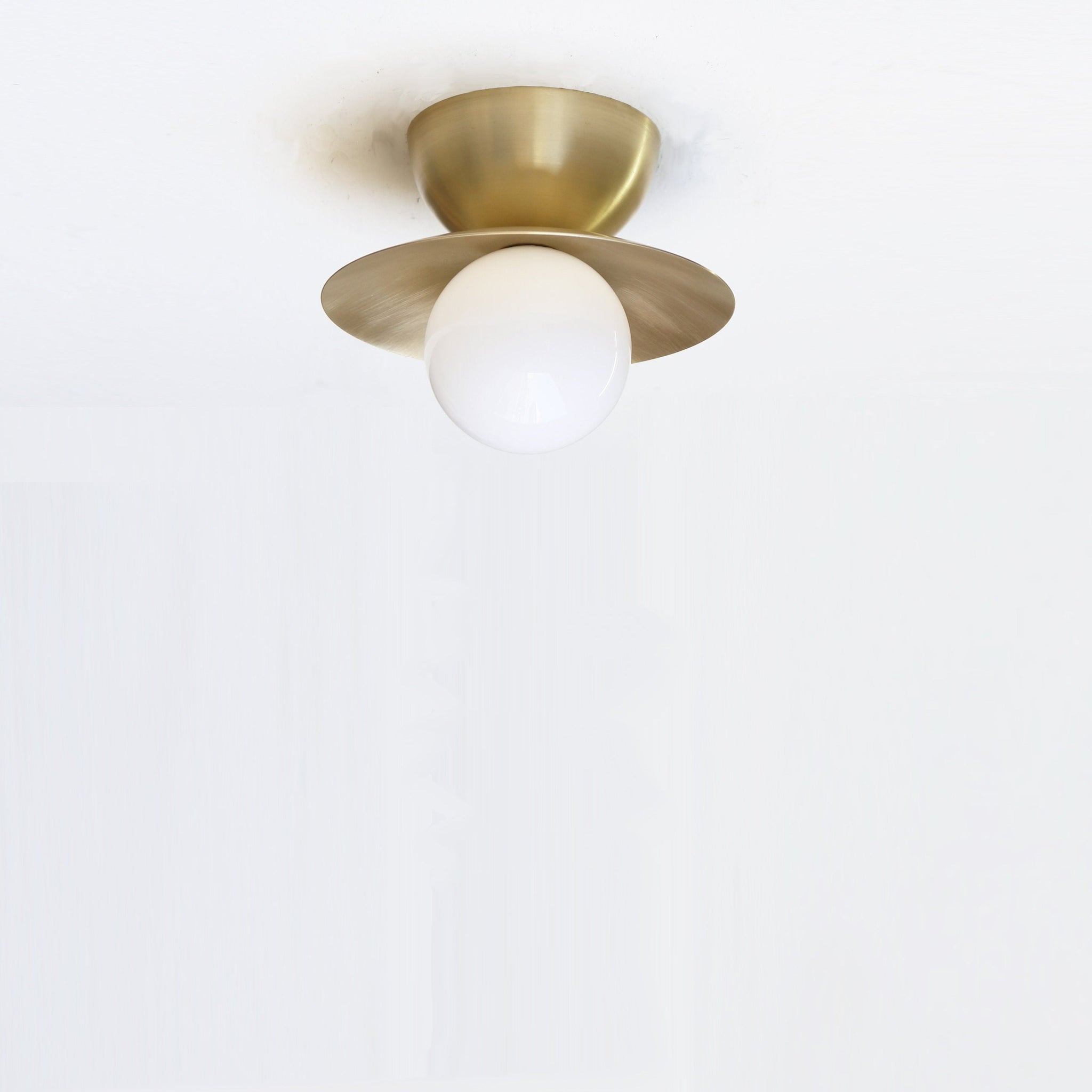 One-Light Brass Disc Flush Mount Ceiling Light with Opal Globe