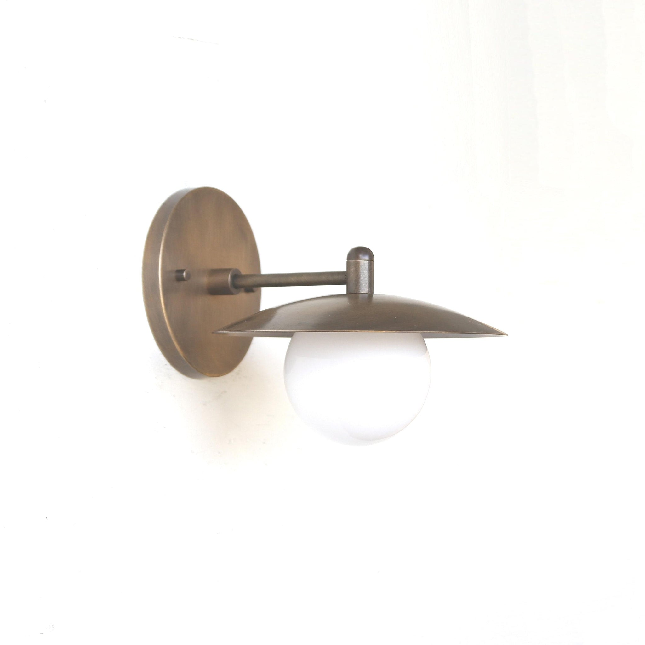 One-Light Brass Disc Shade Wall Sconce with Opal Globe
