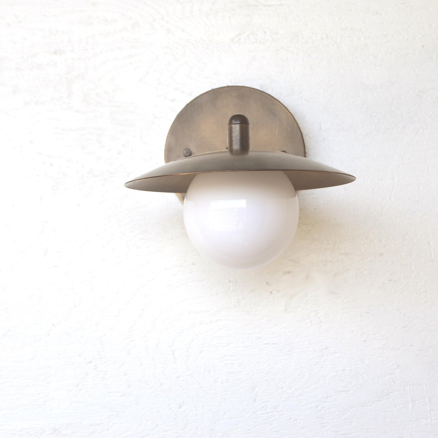 One-Light Brass Disc Shade Wall Sconce with Opal Globe