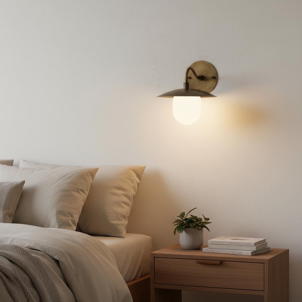 One-Light Brass Dish Wall Sconce with Milk Glass Shade