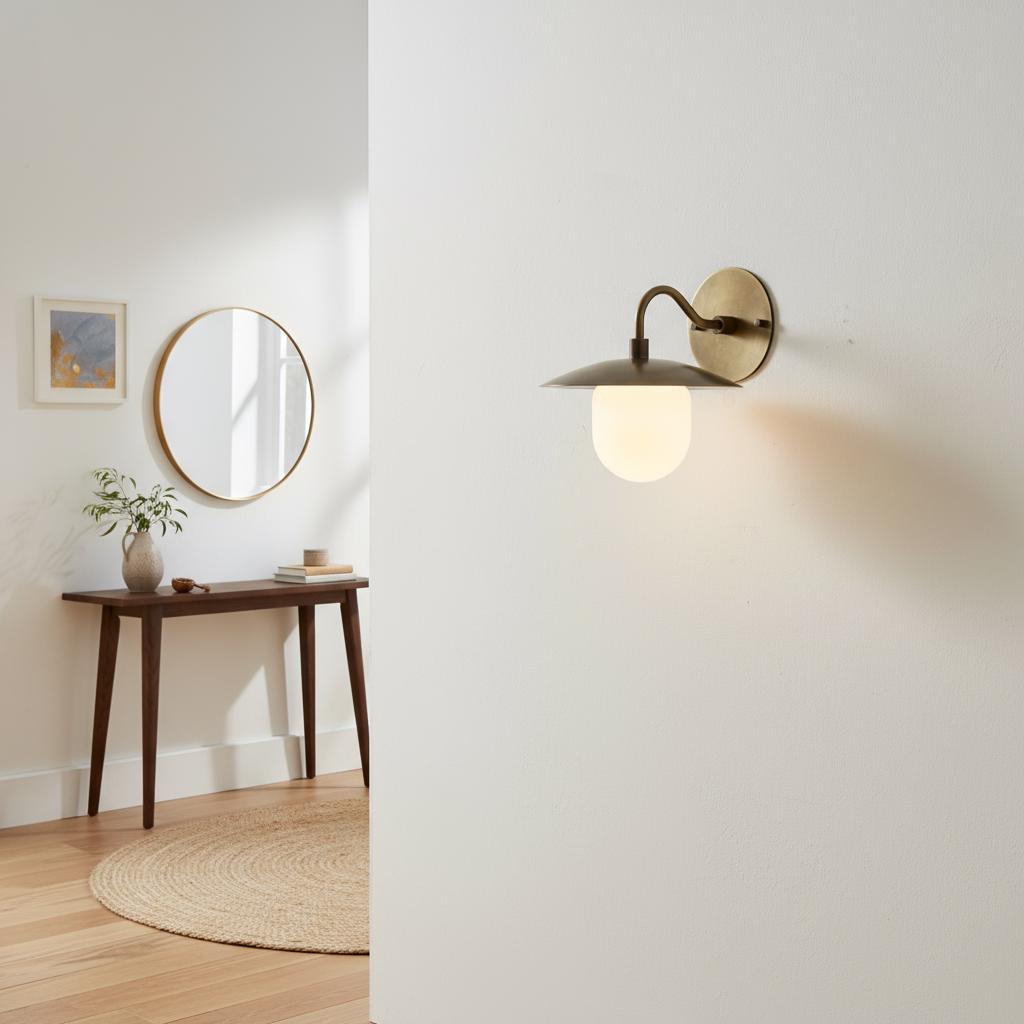 One-Light Brass Dish Wall Sconce with Milk Glass Shade