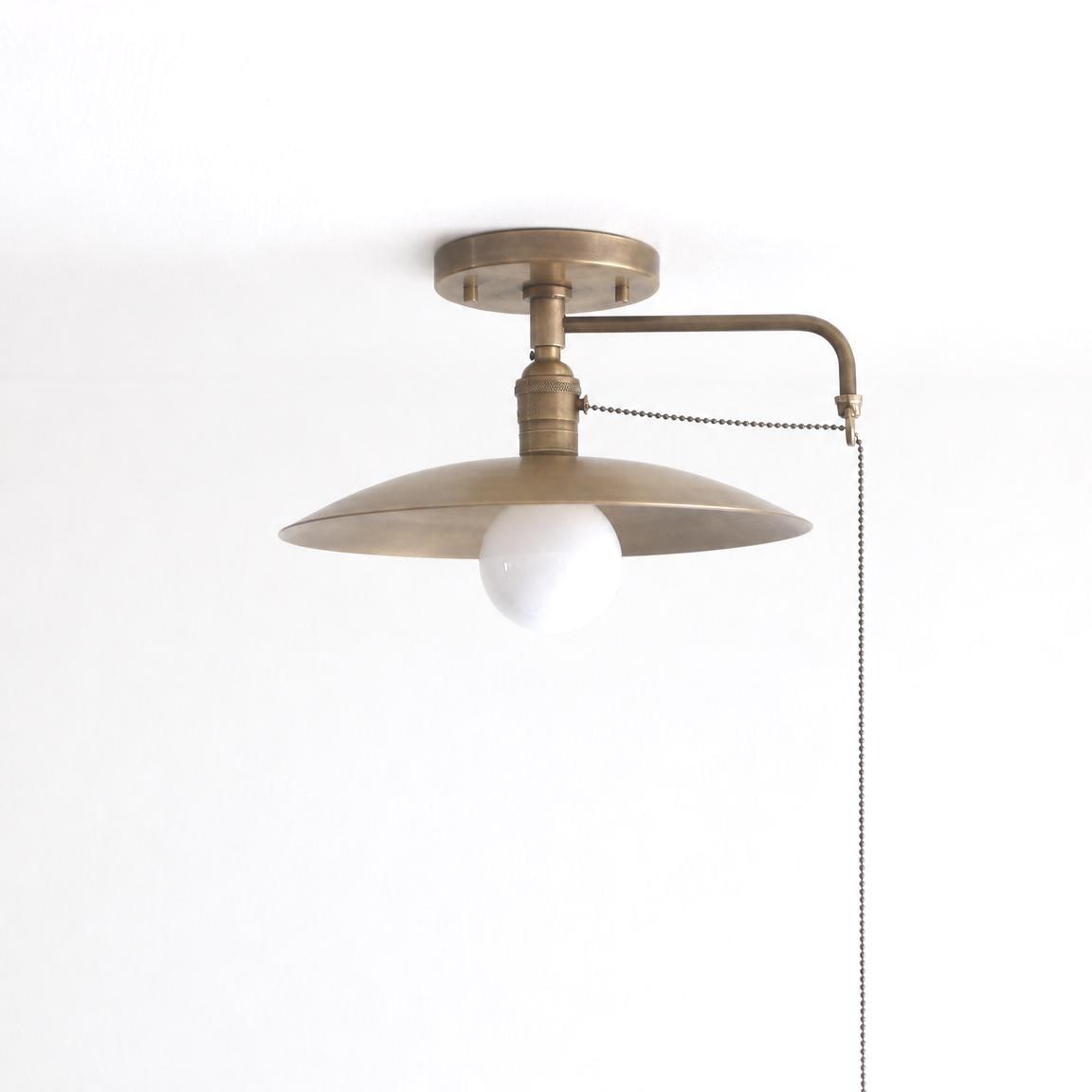 One-Light Brass Shade Flush Mount Ceiling Light with Pull Chain