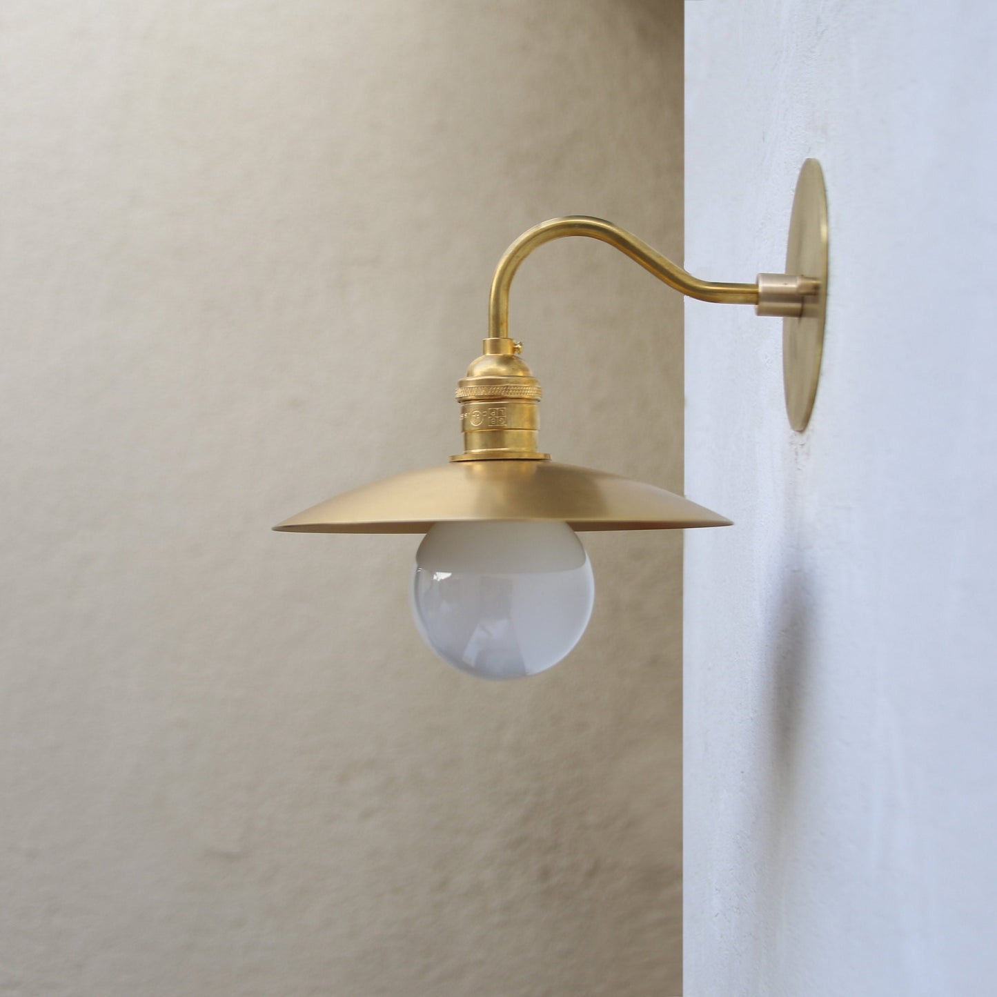 One-Light Gooseneck Brass Wall Sconce with Flat Shade