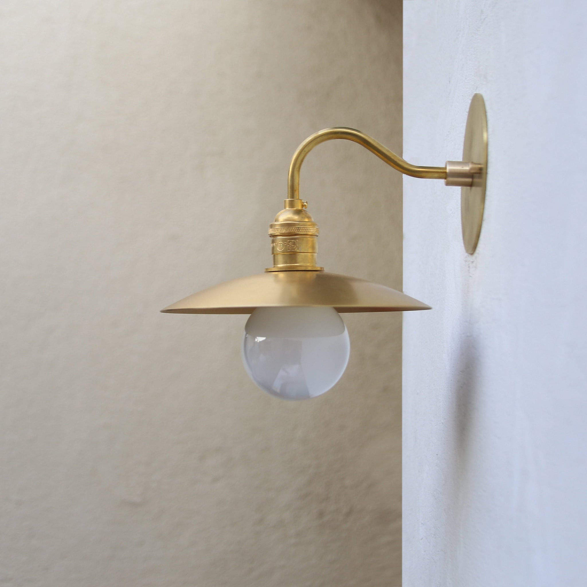 One-Light Gooseneck Brass Wall Sconce with Flat Shade