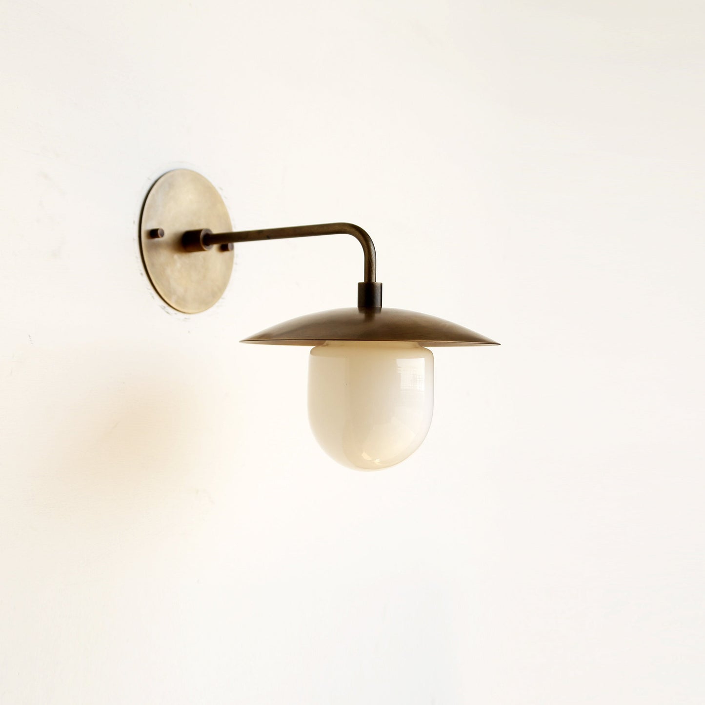 One-Light Industrial Brass Dish Wall Sconce with Milk Glass Shade