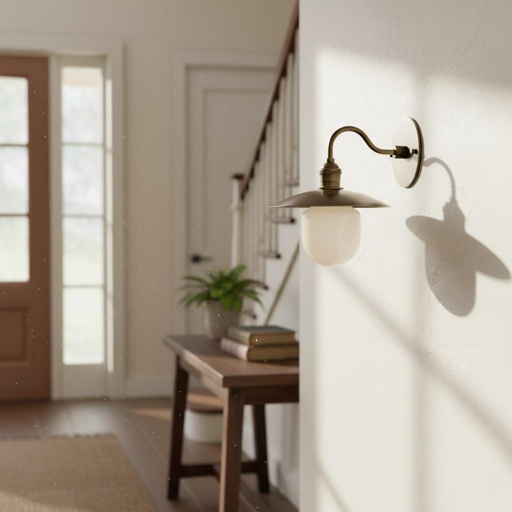 One-Light Industrial Wall Sconce with Brass Shade and Milk Glass Diffuser