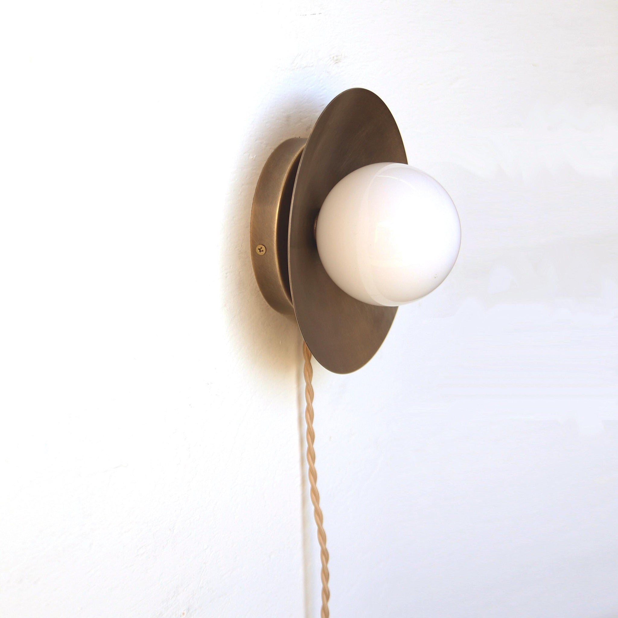 One-Light Plug-In Disc Wall Sconce with Opal Globe