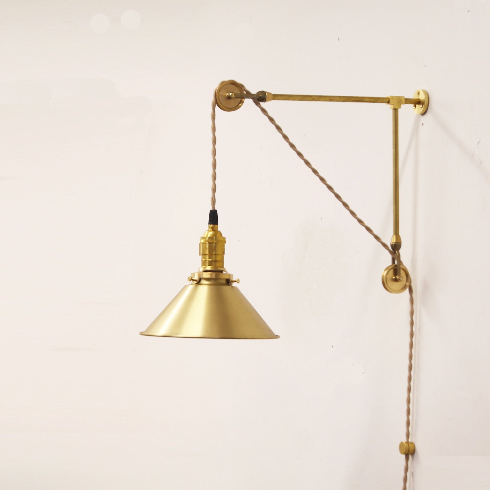One-Light Pulley Wall Sconce with Brass Cone Shade