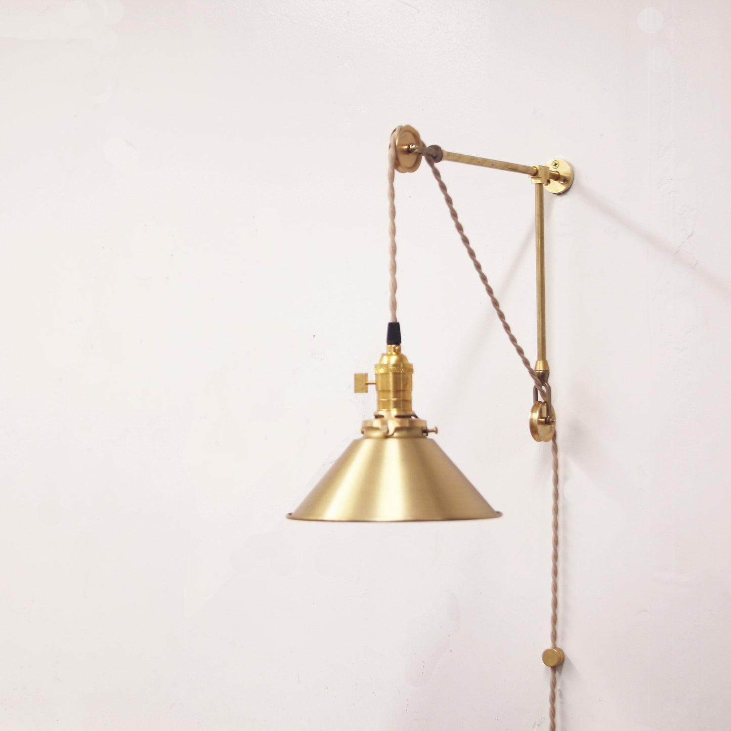 One-Light Pulley Wall Sconce with Brass Cone Shade