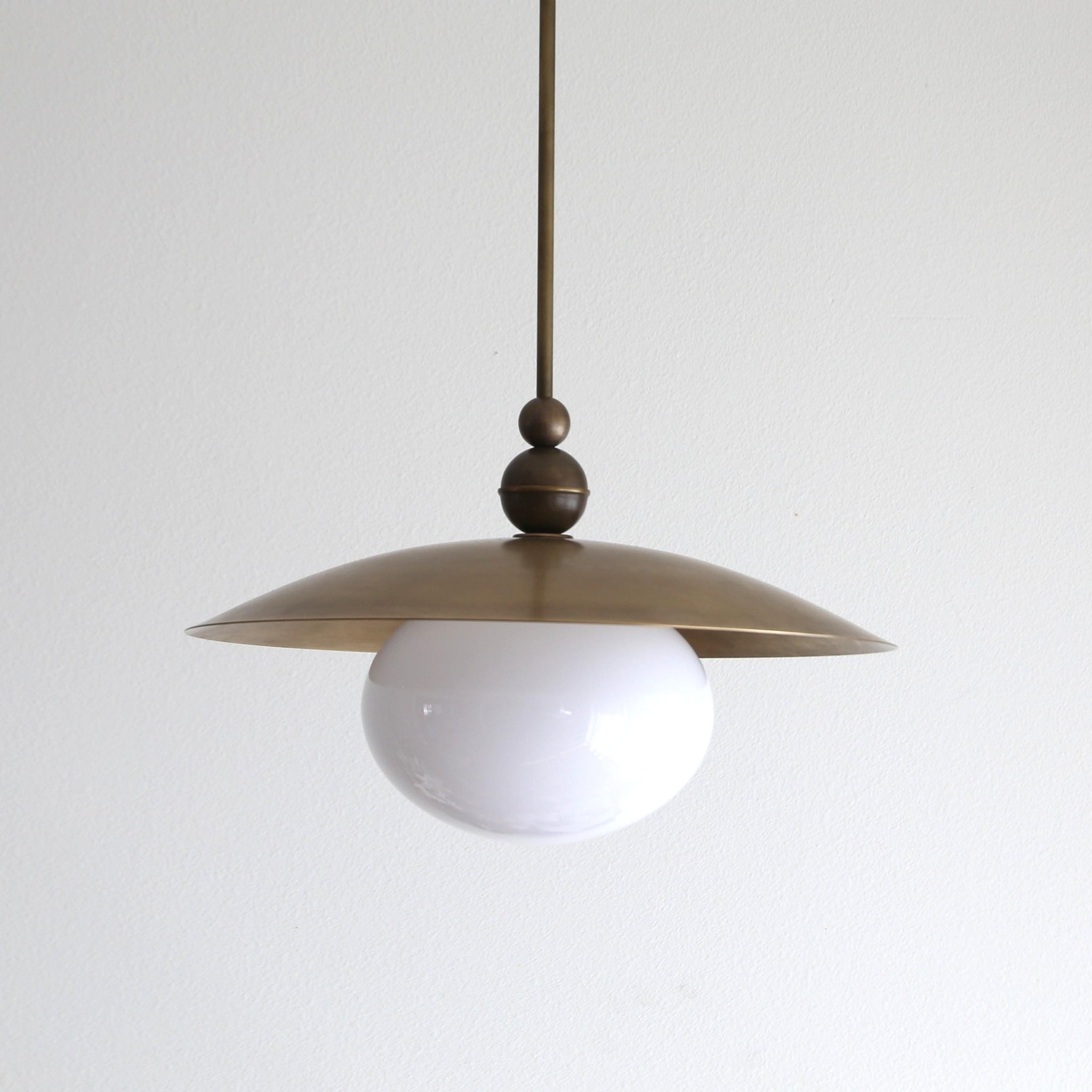 One-Light Rod-Hung Brass Dome Pendant with Opal Glass Globe