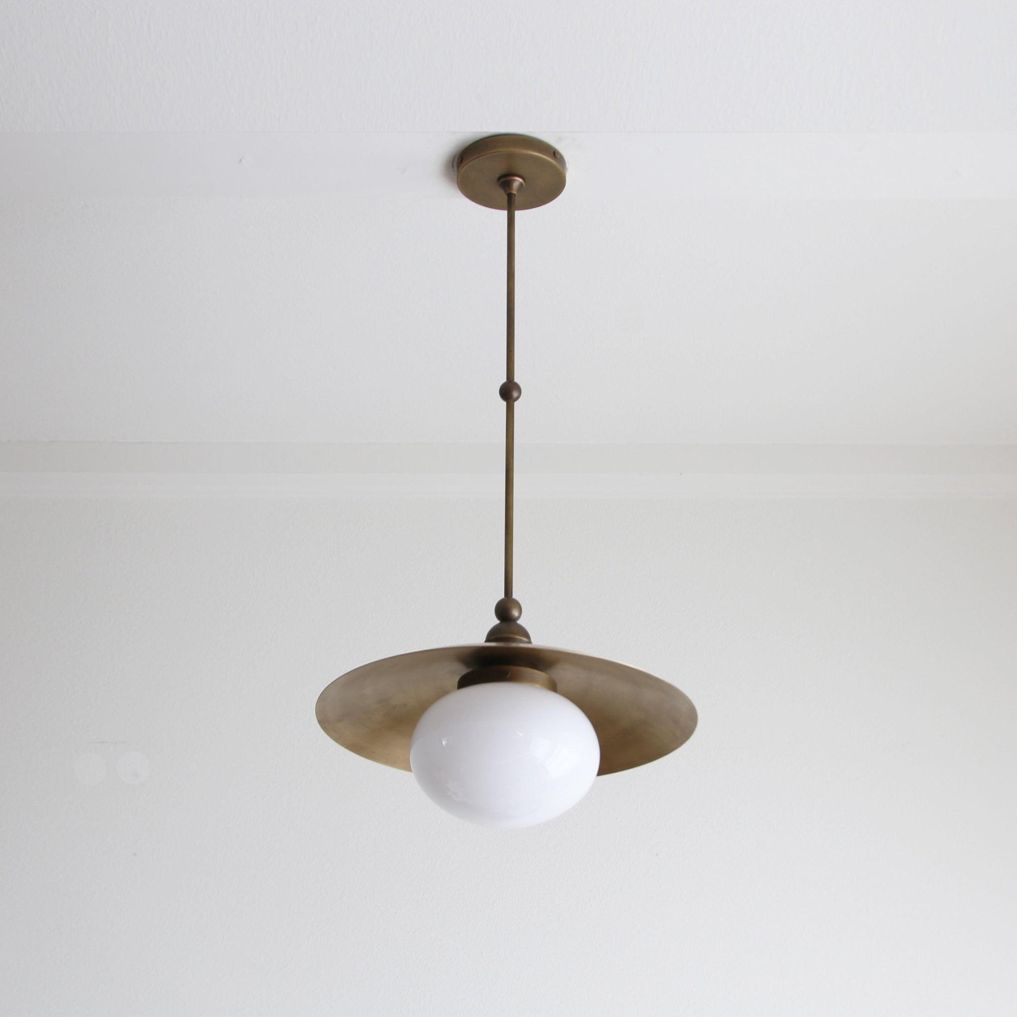 One-Light Rod-Hung Brass Dome Pendant with Opal Glass Globe