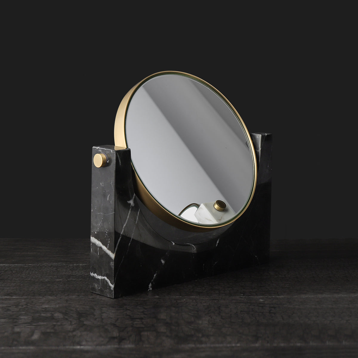 Pepe Marble and Brass Mirror featuring a luxurious marble base and a sleek brass frame, elegant design.