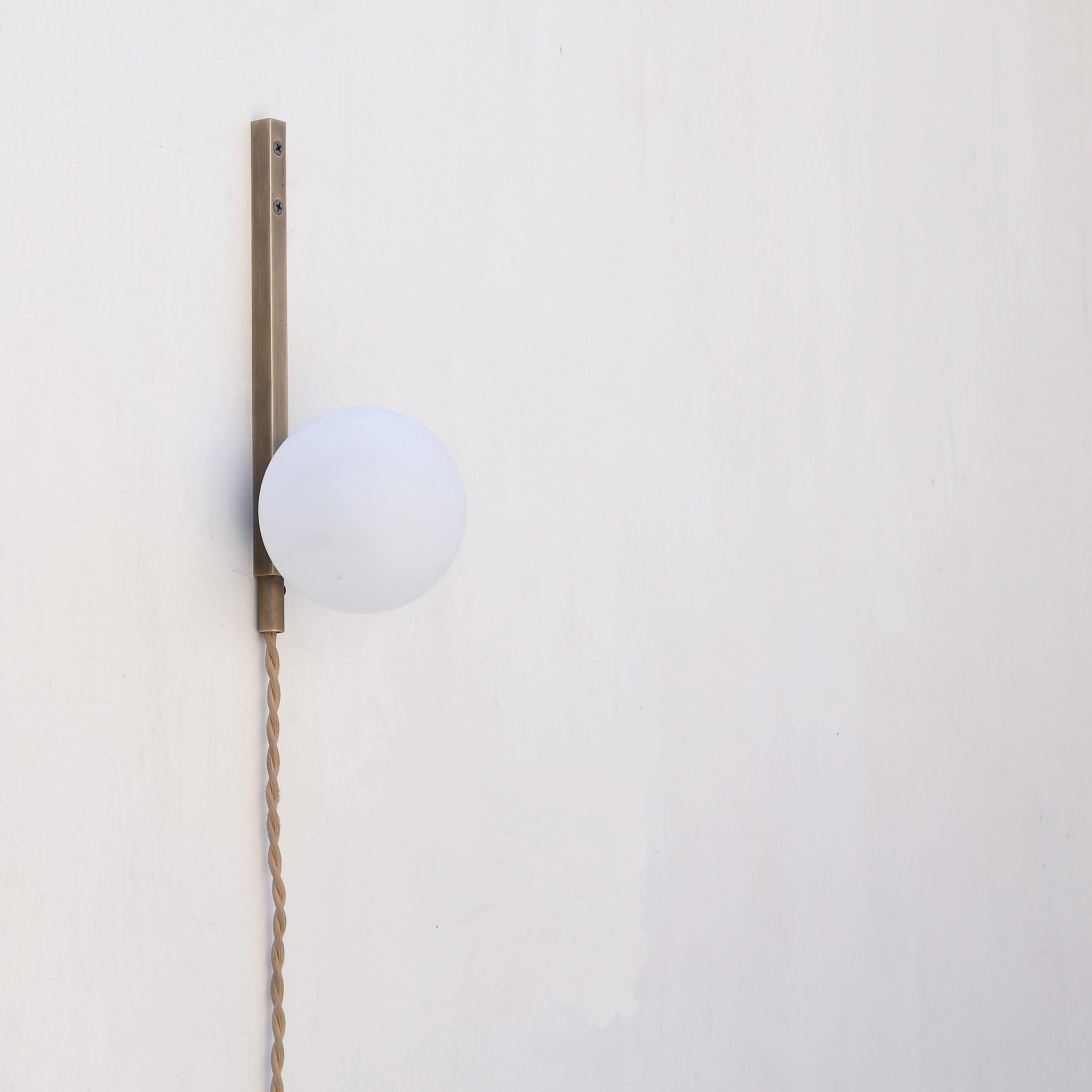 Plug-In Brass Wall Sconce with Opal Globe