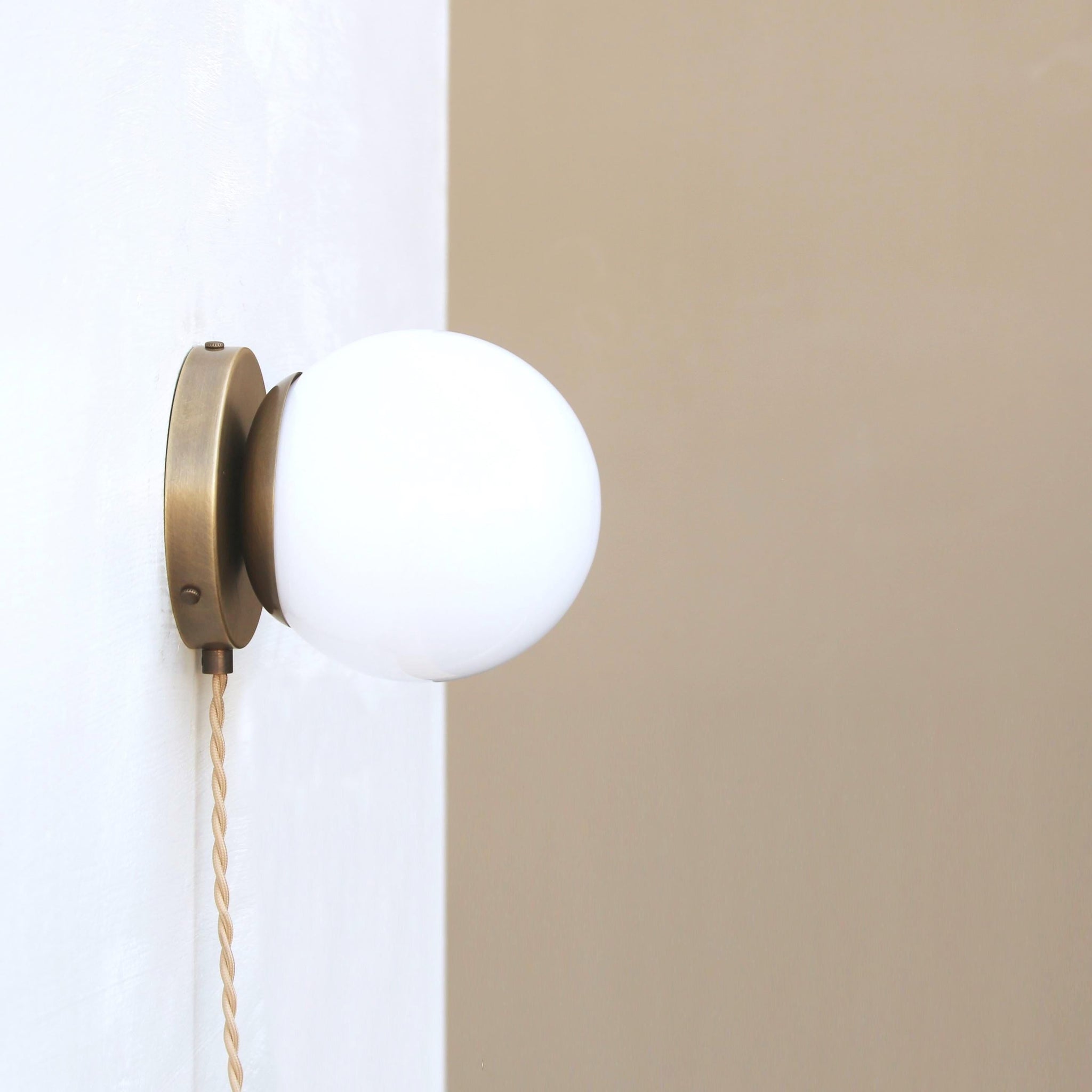 Plug-In Brass Wall Sconce with Six-Inch Opal Globe