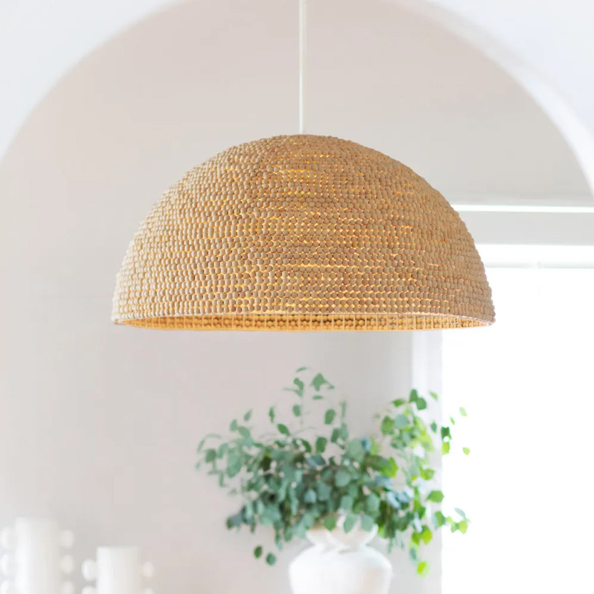 Raquel Woven Bead Dome Pendant Light — Artisan Hanging Light with Warm Dappled Glow
