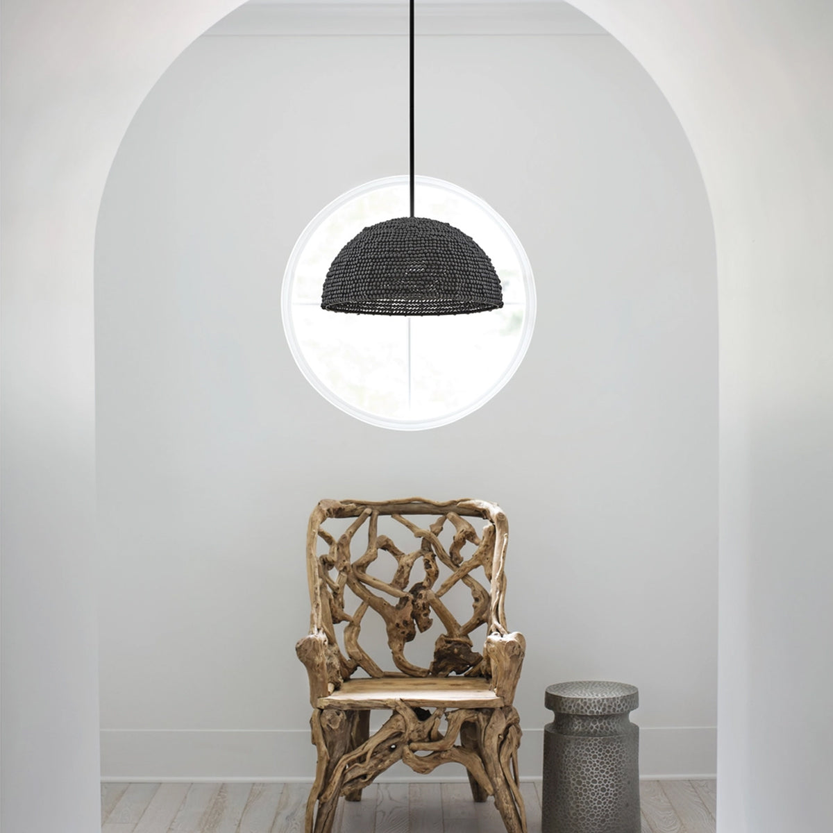 Raquel Woven Bead Dome Pendant Light — Artisan Hanging Light with Warm Dappled Glow