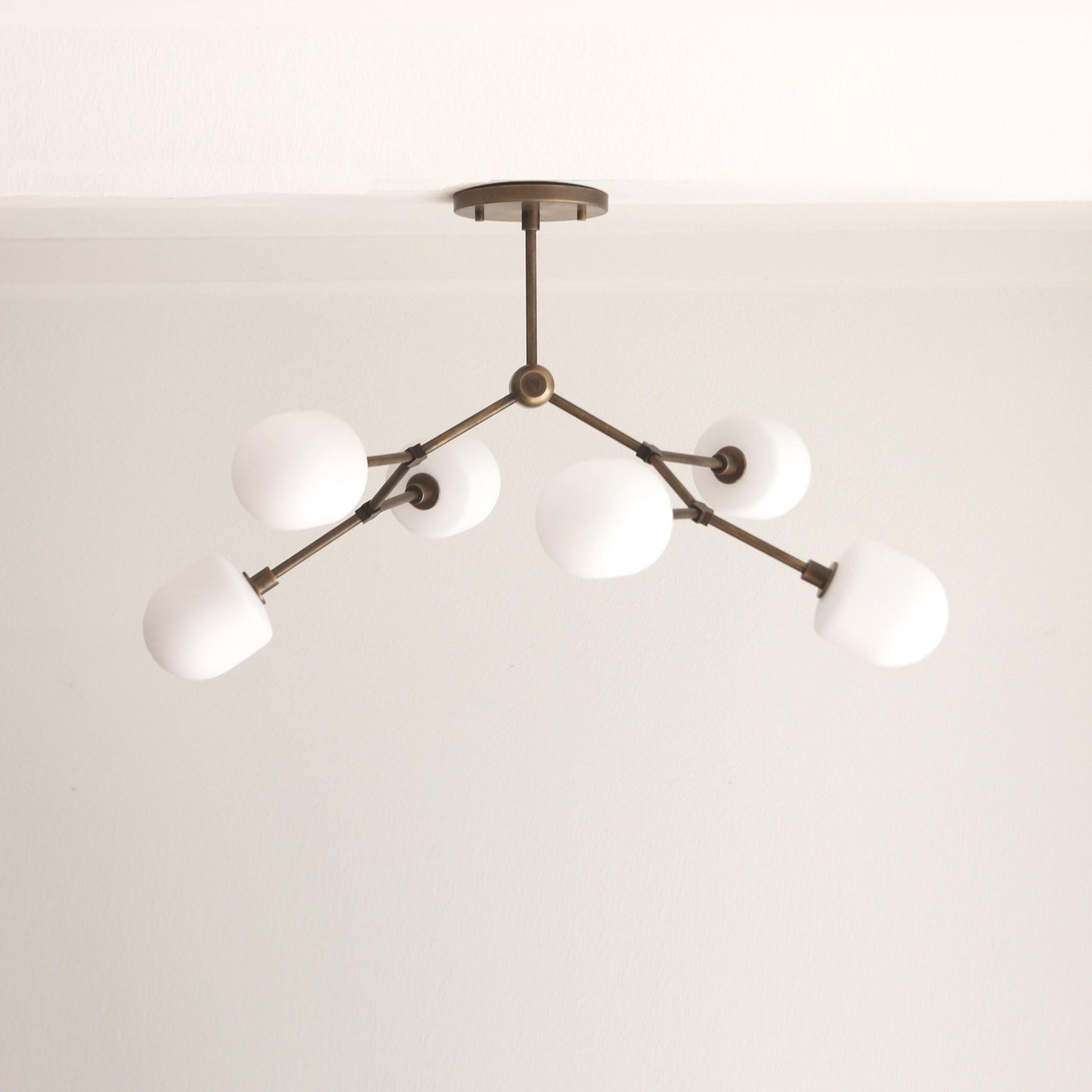 Six-Light Branching Brass Chandelier with Opal Glass Shades