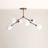 Six-Light Branching Brass Chandelier with Opal Glass Shades