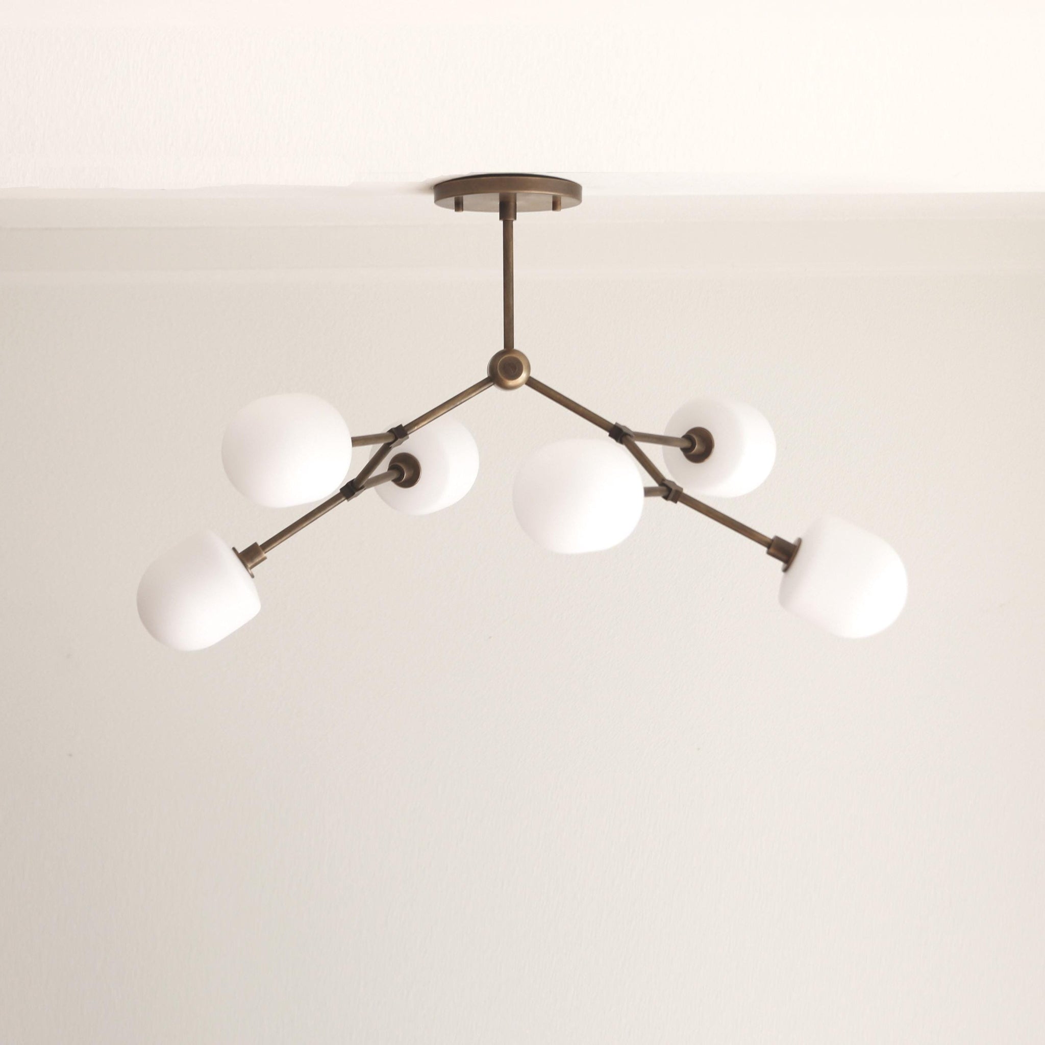 Six-Light Branching Brass Chandelier with Opal Glass Shades