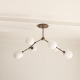Six-Light Branching Brass Chandelier with Opal Glass Shades