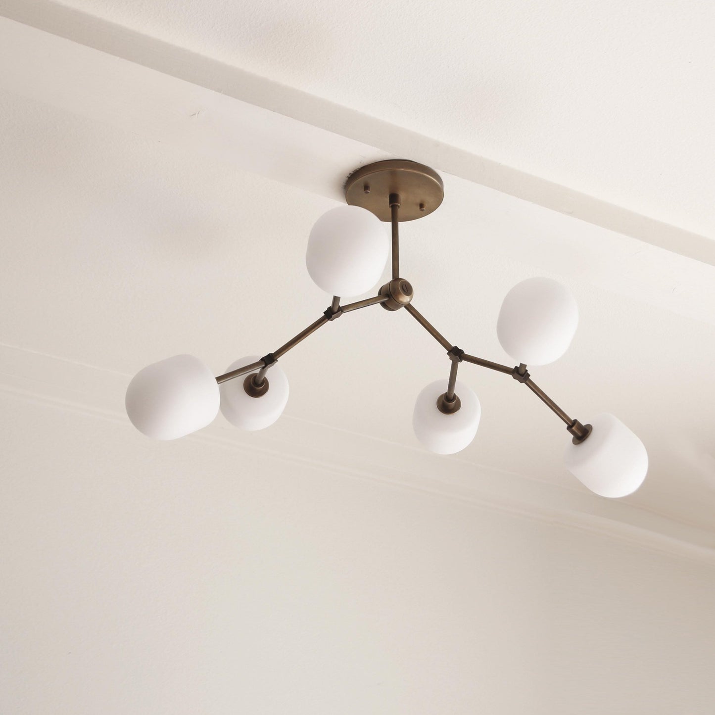 Six-Light Branching Brass Chandelier with Opal Glass Shades
