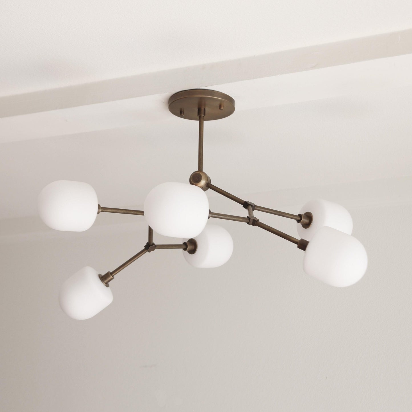 Six-Light Branching Brass Chandelier with Opal Glass Shades