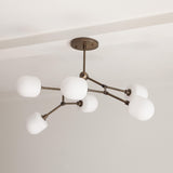 Six-Light Branching Brass Chandelier with Opal Glass Shades