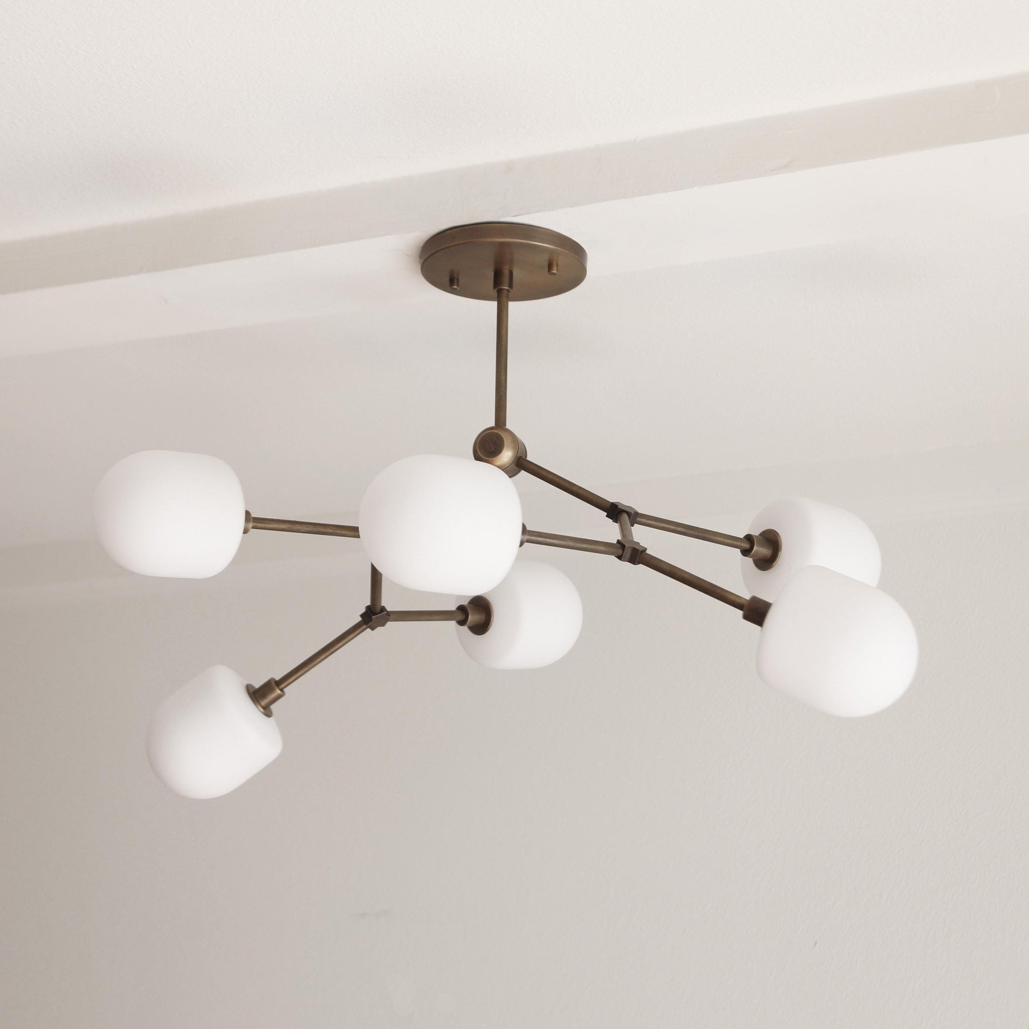 Six-Light Branching Brass Chandelier with Opal Glass Shades