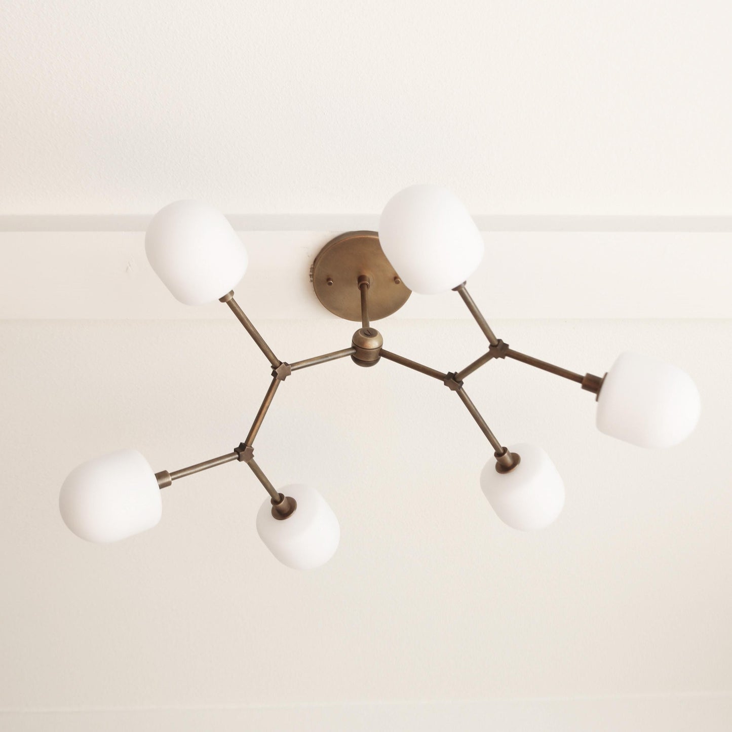 Six-Light Branching Brass Chandelier with Opal Glass Shades