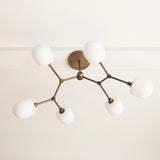 Six-Light Branching Brass Chandelier with Opal Glass Shades