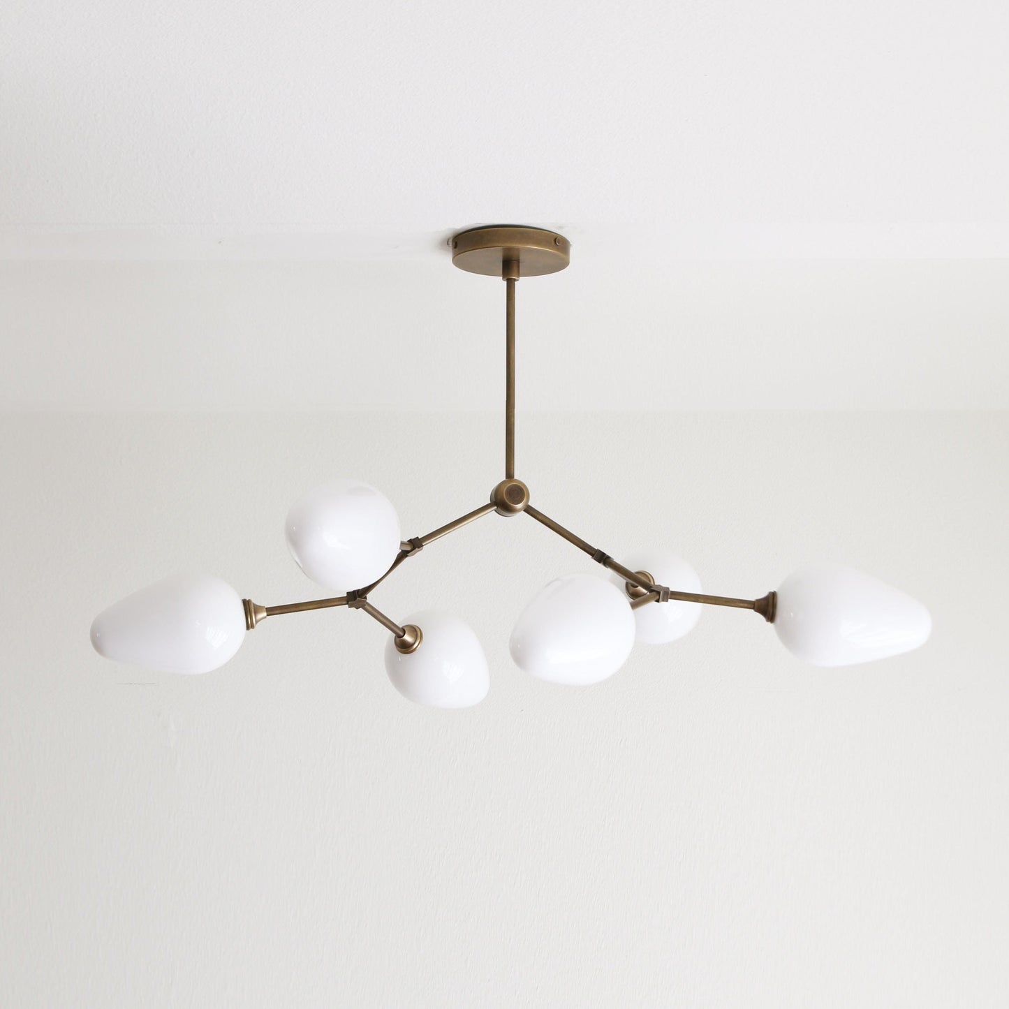 Six-Light Brass Branch Chandelier with Opal Teardrop Shades