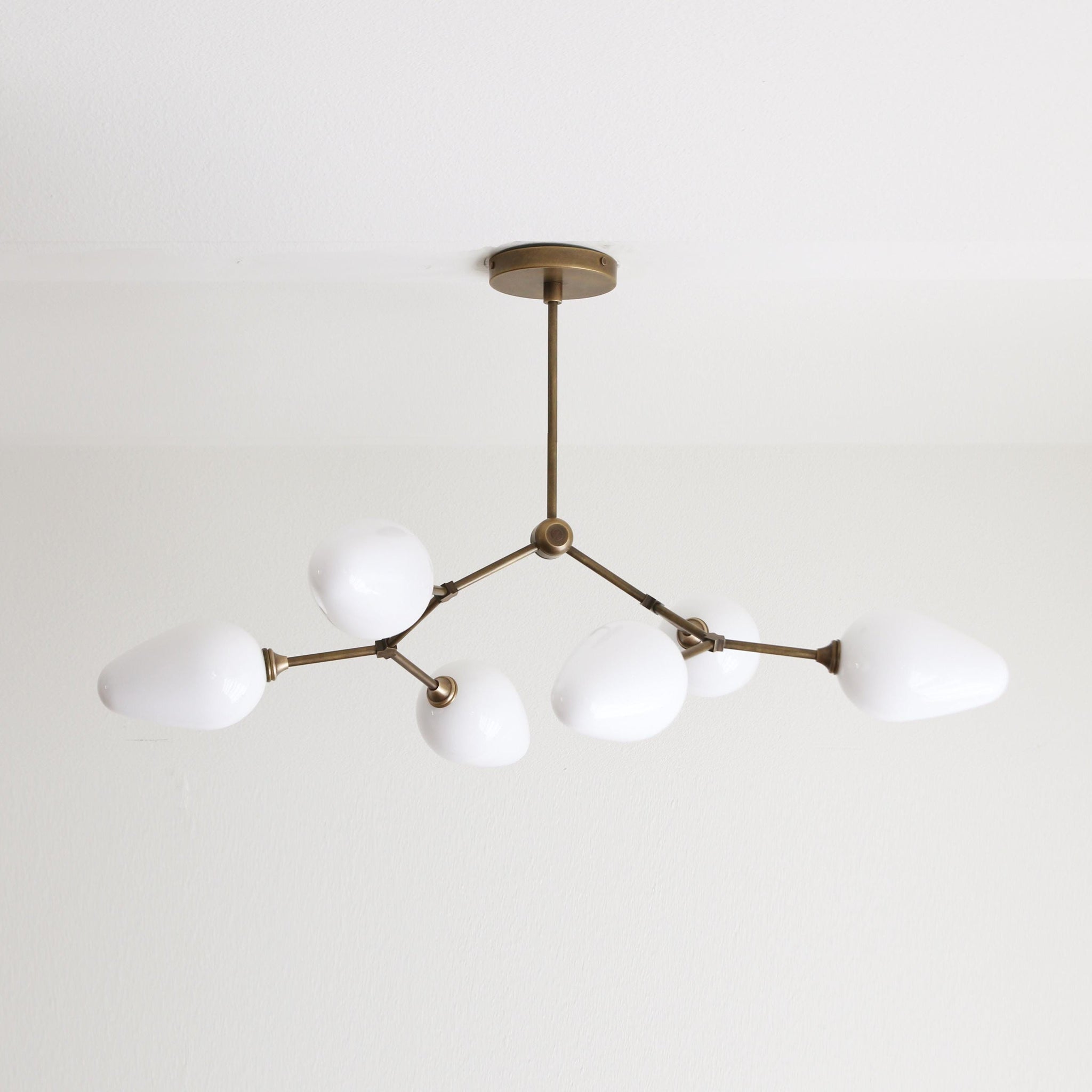 Six-Light Brass Branch Chandelier with Opal Teardrop Shades